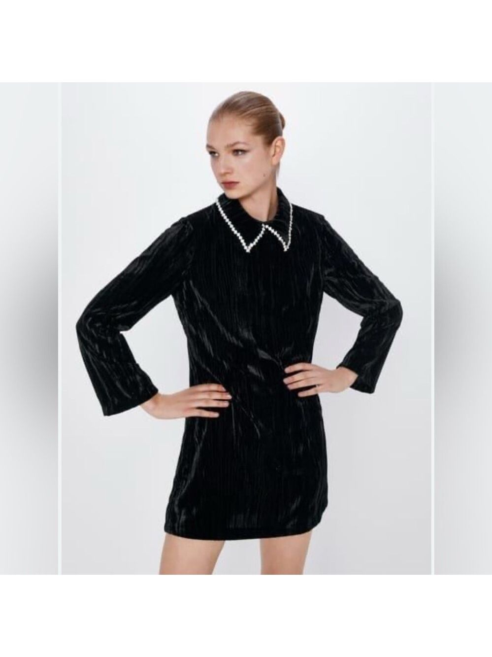 Zara black velvet crystal collar dress Medium long sleeves Party Cocktail winter